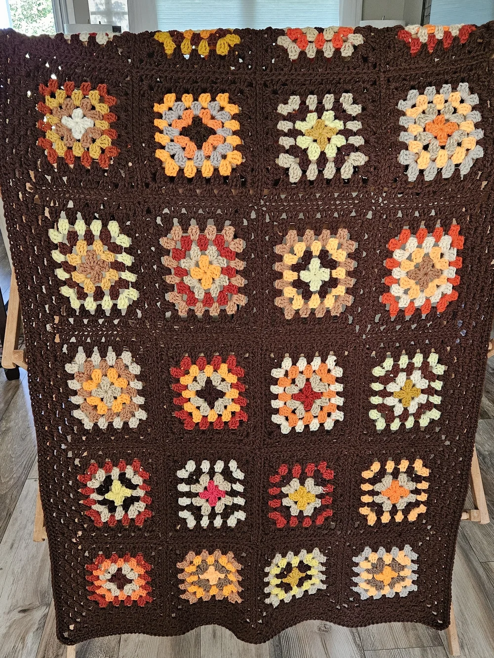 Retro 70s Boho Crochet Lapghan Blanket - Brown Orange Yellow - Pristine Unused